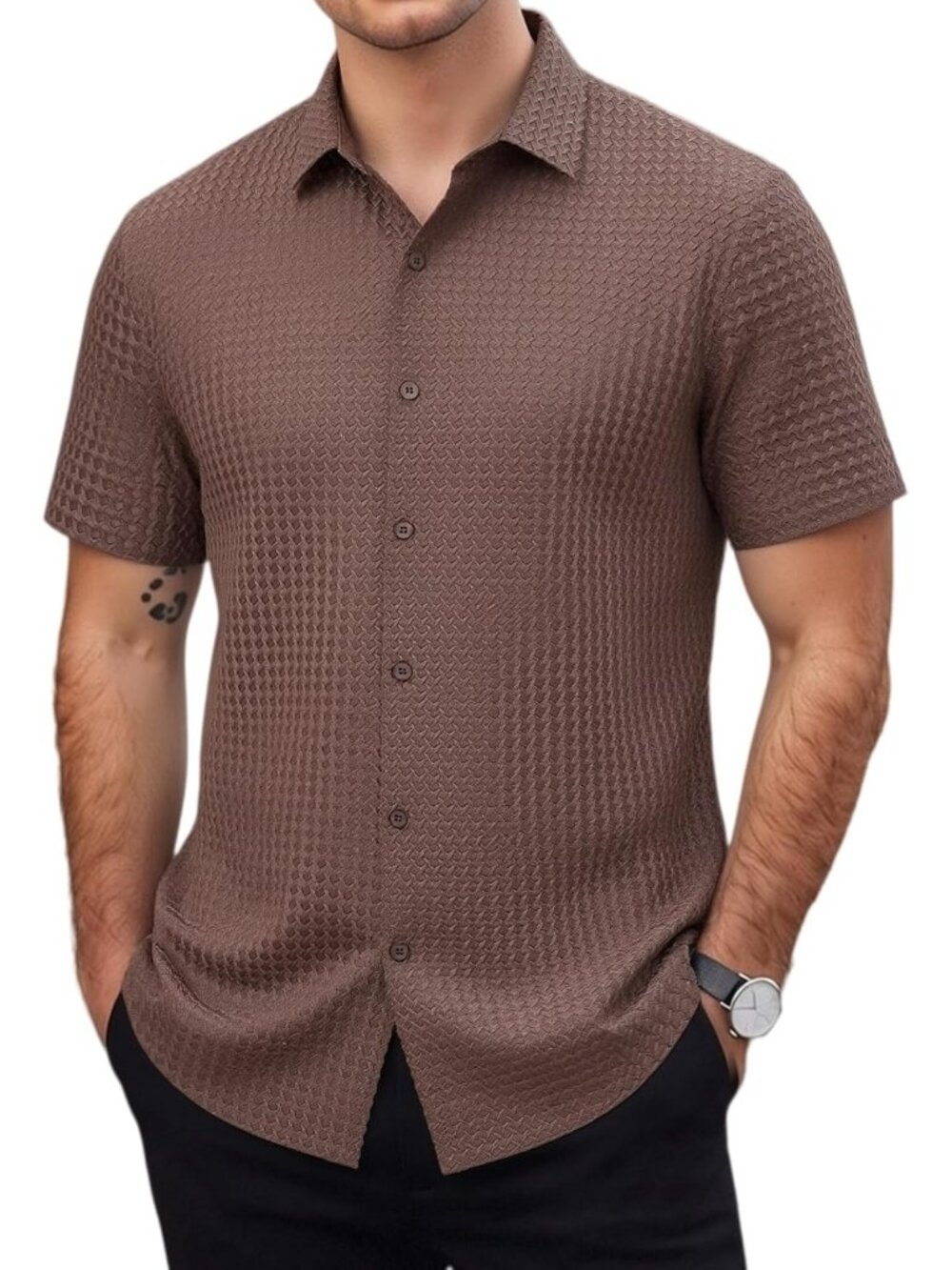 Men's Burgundy Bubble Button Down Shirt 8-Way Stretch Wrinkle Free Casual